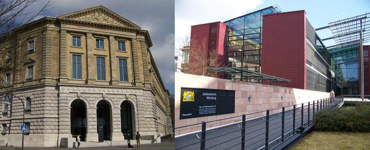 Herrschaftliche Autorität oder Transparenz im Namen des Volkes? Die zwei architektonischen Seiten des Justizzentrums in Würzburg.
