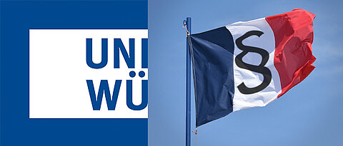 LinksLinks, das Logo der JMU Würzburg. Auf der rechten Seite eine wehende Flagge in den französischen Farben mit dem §-Zeichen darauf.