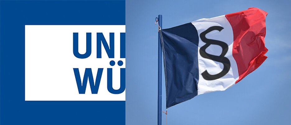 LinksLinks, das Logo der JMU Würzburg. Auf der rechten Seite eine wehende Flagge in den französischen Farben mit dem §-Zeichen darauf.