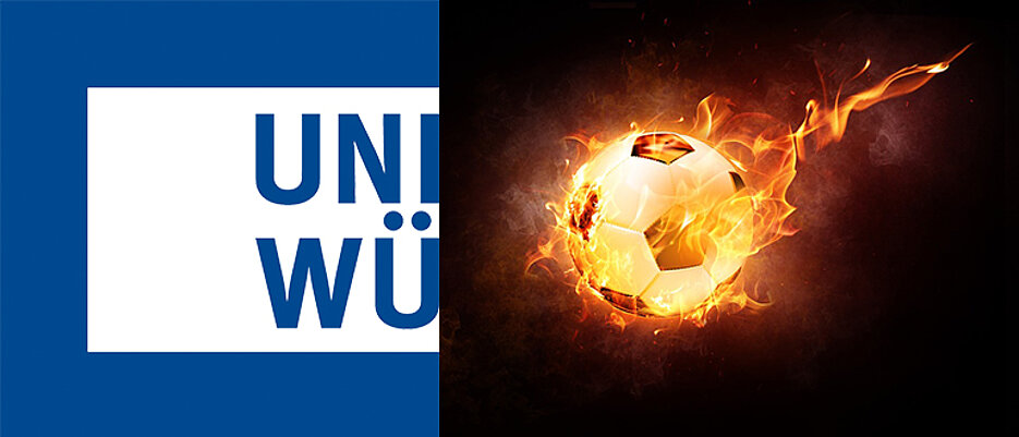 Links das Logo der JMU Würzburg. Rechts ein entflammter Fußball vor schwarzem Hintergrund.