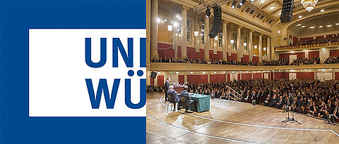 Links das Logo der JMU. Rechts ein Bild von eine großen Büjne herunter mit Blick in den gefüllten Zuschauerraum.