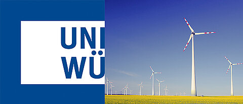Links ist das logo der JMU Würzburg zu sehen. Rechts eine grüne Wiese mit blauem Himmel und Windrädern.