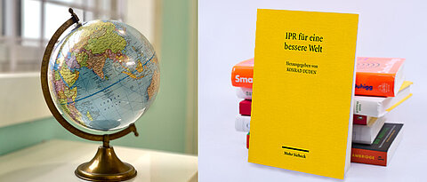 Ein zweigeteiltes Bild mit einem Globus auf der linken Seite und einem Bücherstapel auf der rechten Seite. Angelehtn an den Stapel ist das gelbe Buch mit dem Titel "IPR für eine bessere Welt"