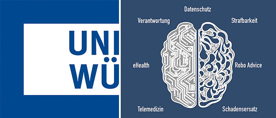 Auf der linken Seite das Logo der JMU Würzburg. Rechts das Piktogramm eines Gehirns mit Computerchip-Optik auf der linken Gehirnhälfte. Um das Gehirn herum befinden sich Stichwörter, die thematisch mit KI verbunden sind.