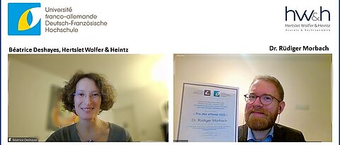 Der Preisträger (links) im digitalen Gespräch mit Béatrice Deshayes von der Kanzlei Hertslet Wolfer & Heintz.