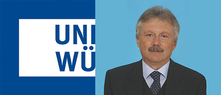 Das Logo der Universität Würzburg auf der linken und ein Profilbild von Prof. Dr. Christian Alunaru auf der rechten Seite.