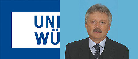 Das Logo der Universität Würzburg auf der linken und ein Profilbild von Prof. Dr. Christian Alunaru auf der rechten Seite.