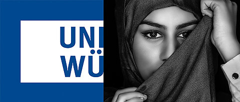 Links das Logo der JMU. Rechts das Gesicht einer Frau, die ein Kopftuch trägt und die Hälfte ihres Gesichts damit verdeckt.
