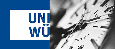 Das Logo der JMU Würzburg links und eine Nahaufnahme einer Uhr in schwarz-weiß.