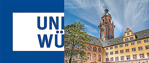 Auf der linken Seite das Logo der JMU. Rechts ist der Innenhof der Alten Universität zu sehen mit dem Turm der Neubaukirche im Mittelpunkt.