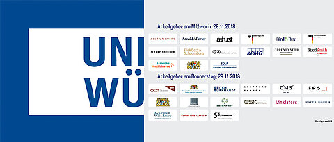 Die eingeladenen Unternehmen und das Logo der Uni Würzburg