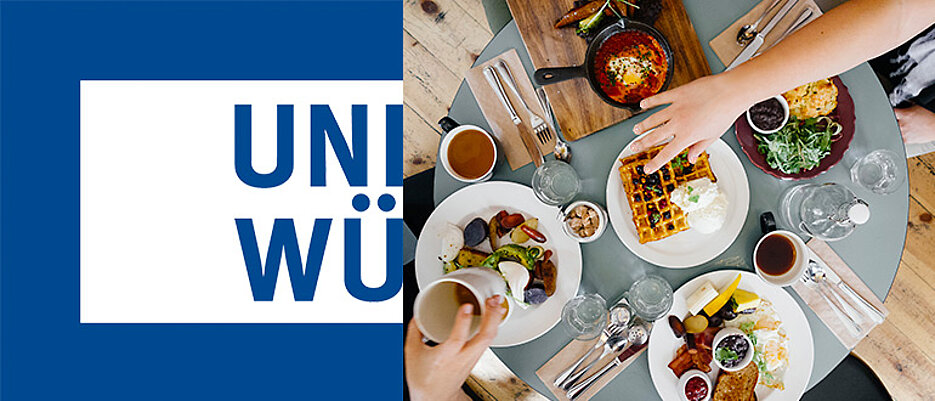 Auf der linken Seite findet sich das Logo der JMU Würzburg. Rechts ein Symbolbild auf dem ein gedeckter Tisch zu sehen ist. hände greifen nach Essen und Trinken.