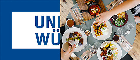 Auf der linken Seite findet sich das Logo der JMU Würzburg. Rechts ein Symbolbild auf dem ein gedeckter Tisch zu sehen ist. hände greifen nach Essen und Trinken.