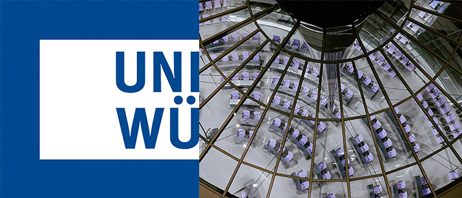 Links das Logo der JMU. Rechts der Plenarsaal des Reichstagsgebäudes von oben.