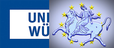 Europa reitet auf einem Stier durch die gelben Sterne der Flagge der Europäischen Union.