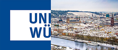 Links, das Logo der JMU Würzburg. Rechts der Blick auf das verschneite Würzburg vom Käppele aus.