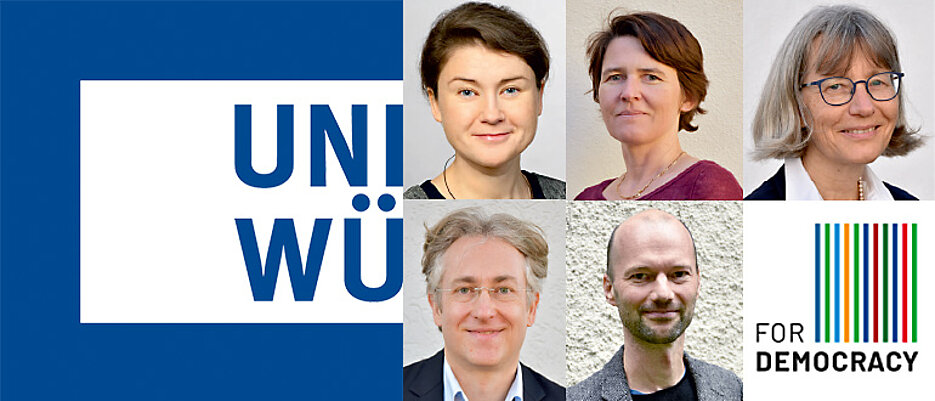 Links das Logo der JMU Würzburg rechts die Professorinnen und Professoren des Forschungsverbundes "Zukunft der Demokratie".