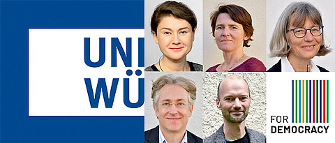 Links das Logo der JMU Würzburg rechts die Professorinnen und Professoren des Forschungsverbundes "Zukunft der Demokratie".
