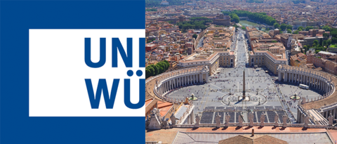Links ist das Logo der Universität Würzburg zu sehen. Rechts der Blick vom Petersdom auf den Petersplatz in Rom.