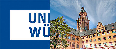Auf der linken Seite das Logo der JMU. Rechts ist der Innenhof der Alten Universität zu sehen mit dme Turm der Neubaukirche im Mittelpunkt.