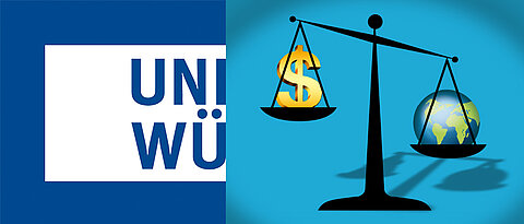 Logo der JMU auf der linken Seite. Eine Waage mit einem Dollarzeichen und der Welt auf der anderen Seite.