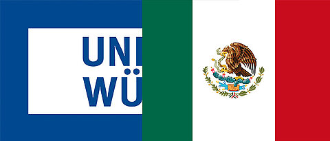 Links, das Logo, der JMU Würzburg. Rechts die Flagge von Mexiko in den Farben grün, weiß, rot mit einem Adler, der eine Schlange frisst in der Mitte des Bildes.