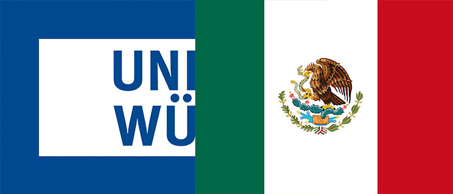 Links, das Logo, der JMU Würzburg. Rechts die Flagge von Mexiko in den Farben grün, weiß, rot mit einem Adler, der eine Schlange frisst in der Mitte des Bildes.
