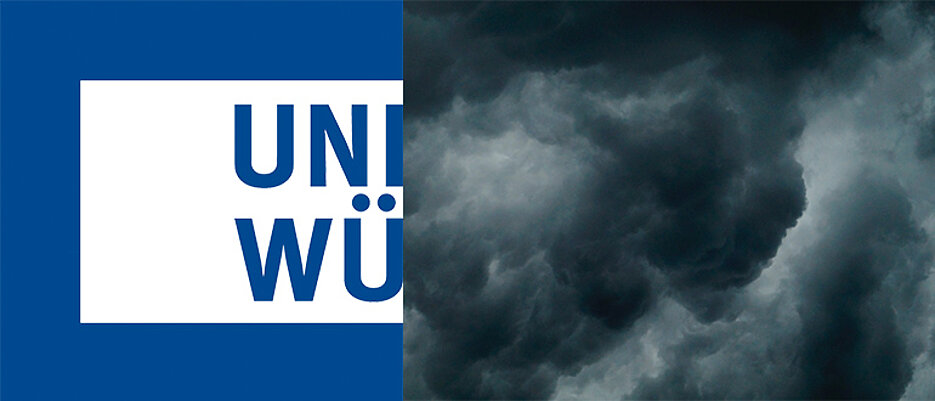 Links das Logo der JMU. Rechts ein Bild dunkler Wolken.