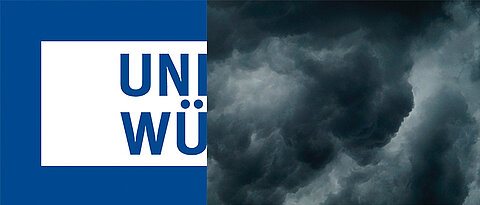 Links das Logo der JMU. Rechts ein Bild dunkler Wolken.