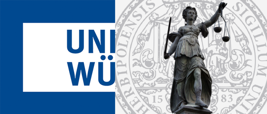 Das Logo der JMU Würzburg und eine Statue der Justitia.