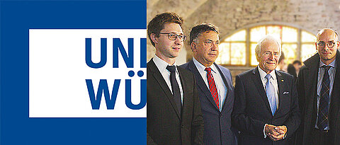 Links ist das Logo der JMU zu sehen. Rechts die im Titel benannten Personen im Max-Stern-Keller der Juristischen Fakultät.