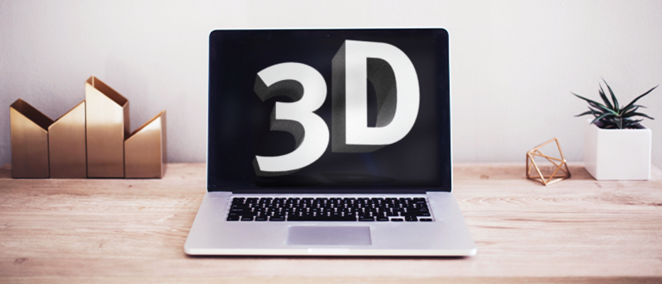 Ein Laptop auf einem Schreibtisch, der 3D auf dem Bildschrim anzeigt.